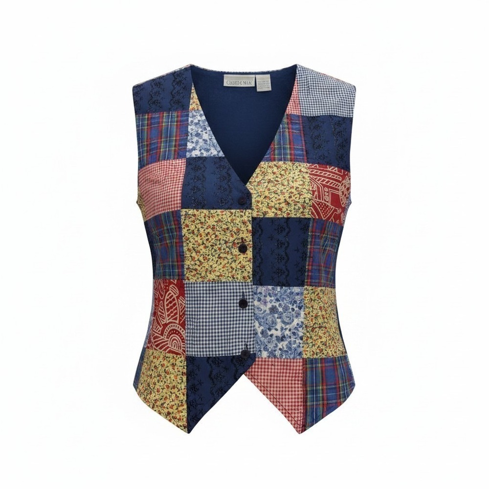 Casey & Max Vintage Patchwork Vest Plaid Floral Gingham Cotton Cottagecore L